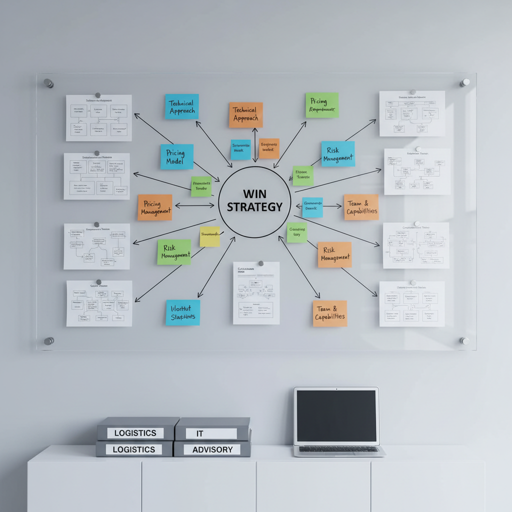 A large, transparent glass board mounted on a light grey wall, covered in an impeccably organized bid strategy framework. Color-coded sticky notes, printed flowcharts, and a central diagram labeled “Win Strategy” radiate outward in clear, logical branches. On a white credenza below, three neatly stacked binders labeled Logistics, IT, and Advisory sit beside a slim laptop in sleep mode. Cool, even studio lighting illuminates the glass, creating faint reflections and crisp legibility without glare. Captured straight-on at eye level with sharp focus throughout, the scene feels analytical yet calm, embodying photographic realism and a clean, modern aesthetic that communicates structure, method, and strategic planning for complex public tenders.